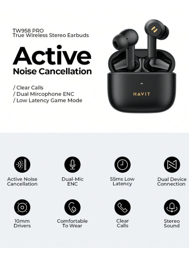 havit True Wireless Earbuds with Active Noise Cancellation (ANC), Dual Mic ENC, 10mm Dynamic Drivers, Bluetooth Earphones for Music & Calls, 55ms Low Latency Gaming Mode, Dual Device Connection, Wireless Headphones for Gaming, Stereo Sound, 16H Battery Life with Charging Case – Black - Image 2