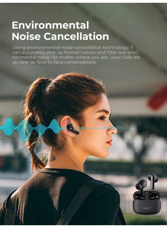 havit True Wireless Earbuds with Active Noise Cancellation (ANC), Dual Mic ENC, 10mm Dynamic Drivers, Bluetooth Earphones for Music & Calls, 55ms Low Latency Gaming Mode, Dual Device Connection, Wireless Headphones for Gaming, Stereo Sound, 16H Battery Life with Charging Case – Black - Image 5