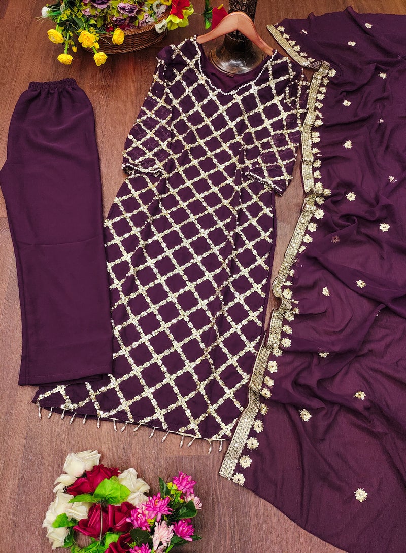 Super Asian Heavy Fox Georgette Sequence Embroidered Top with Rivet Moti Work, Paired with Micro Fabric Pants & Dupatta – Complete Stylish Set  - Image 1