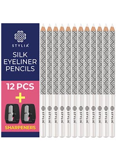 Stylia White Eyeliner Pencil - Waterproof, Long-Lasting - Soft Strokes, Easy Glide - Highly-Pigmented Silky Pen - Multipurpose Makeup Tool, Works as Eyeshadow, Highlighter, or Lip Liner - 12-Pack 