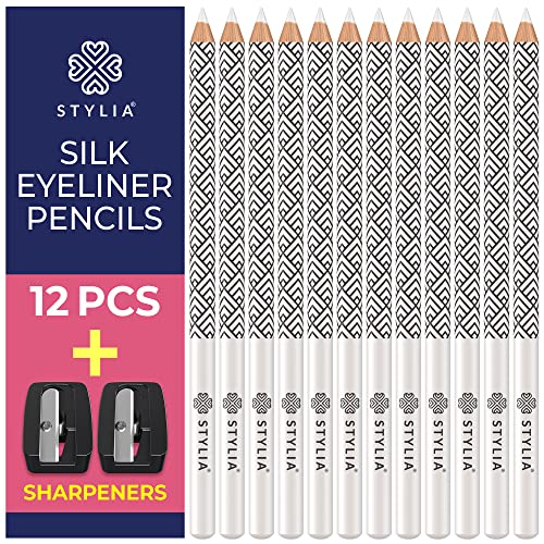 Stylia White Eyeliner Pencil - Waterproof, Long-Lasting - Soft Strokes, Easy Glide - Highly-Pigmented Silky Pen - Multipurpose Makeup Tool, Works as Eyeshadow, Highlighter, or Lip Liner - 12-Pack