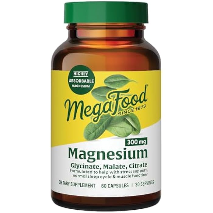 MegaFood مكمل ميغا فود ماغنيسيوم غليسينات، سترات، ماليات 300 ملغ - مزيج عالي الامتصاص لدعم صحة القلب والأعصاب والاسترخاء، مكمل ثلاثي الماغنيسيوم، 60 كبسولة (30 حصة) - Image 1