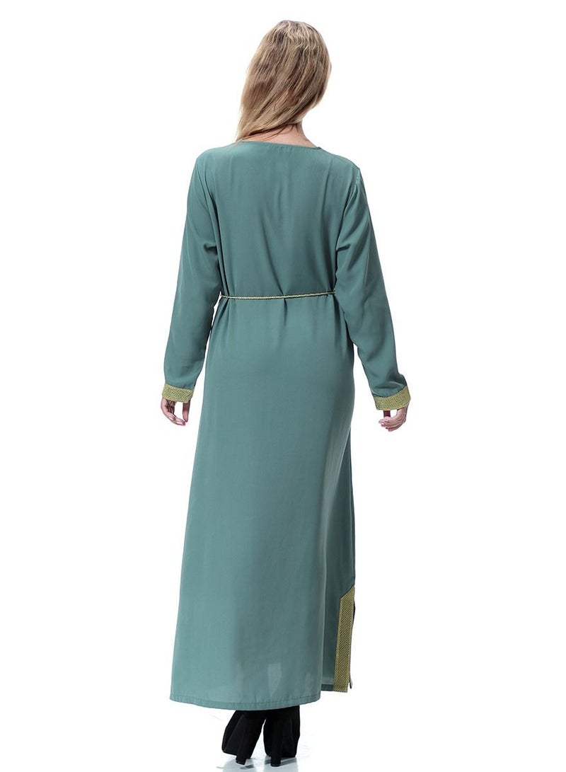 Loquat Women's Long Sleeve Maxi Long Casual Dress Robe With Belt Olive Green/Gold  - Image 3