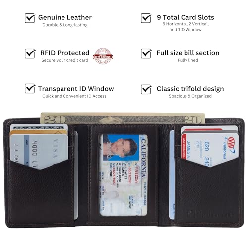 Alpine Swiss Men's Leon RFID Trifold Pocket Wallet – Genuine Leather Wallet for Men, Slim Design with ID Window & Multiple Card Slots, Classic RFID Safe Pocket Wallet in gift box Brown - Image 3