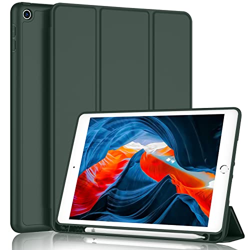 iMieet iPad 9th Generation Case 2021/iPad 8th Generation Case 2020 10.2 Inch with Pencil Holder, iPad 7th Gen 2019 Case with Soft Baby Skin Silicone Back, Auto Wake/Sleep Cover(Dark Green) - Image 1