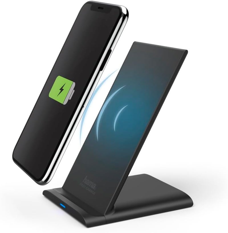 Hama QI-FC10S Wireless Charger Stand 10W Fast Charging, Dual Coil Qi Charging Dock with USB-C, Vertical & Horizontal Charging for iPhone & Android Smartphones – Black - Image 1
