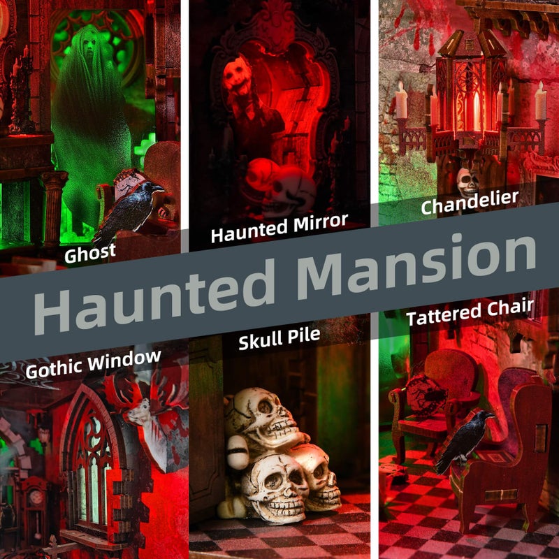 fifijoy Haunted Horror Book Nook Kit, DIY Miniature Dollhouse Halloween Booknook Kit, Spooky Creepy Scary 3D Wooden Puzzle Bookend Bookshelf Insert Decor with LED Light (Haunted Mansion) - Image 3