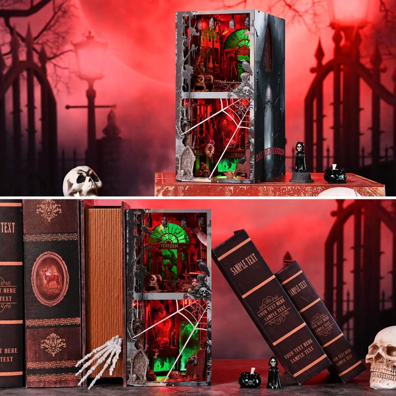fifijoy Haunted Horror Book Nook Kit, DIY Miniature Dollhouse Halloween Booknook Kit, Spooky Creepy Scary 3D Wooden Puzzle Bookend Bookshelf Insert Decor with LED Light (Haunted Mansion) - Image 2
