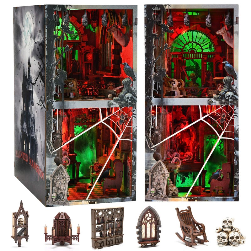 fifijoy Haunted Horror Book Nook Kit, DIY Miniature Dollhouse Halloween Booknook Kit, Spooky Creepy Scary 3D Wooden Puzzle Bookend Bookshelf Insert Decor with LED Light (Haunted Mansion) - Image 1