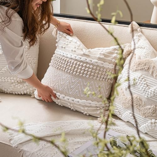 BlissBlush Boho Throw Pillow Cover 20X20, Decorative Accent Pillow for Couch, Square Woven Textured Pillowcase, Modern Boho Pillow for Bed, Bohemian Pillow Cover, Cream White Neutral (Pack of 1) - Image 3
