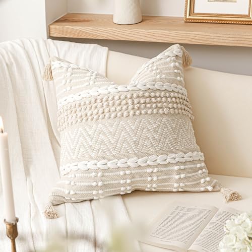 BlissBlush Boho Throw Pillow Cover 20X20, Decorative Accent Pillow for Couch, Square Woven Textured Pillowcase, Modern Boho Pillow for Bed, Bohemian Pillow Cover, Cream White Neutral (Pack of 1) - Image 1