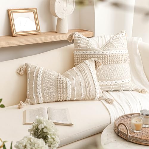 BlissBlush Boho Throw Pillow Cover 20X20, Decorative Accent Pillow for Couch, Square Woven Textured Pillowcase, Modern Boho Pillow for Bed, Bohemian Pillow Cover, Cream White Neutral (Pack of 1) - Image 4