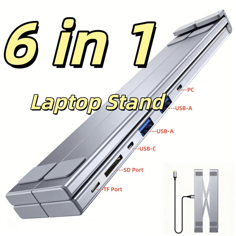 Grey USB C Laptop Dock Stand 6 In 1 Foldable Adjustable Tablet Stand For Desk - Image 2