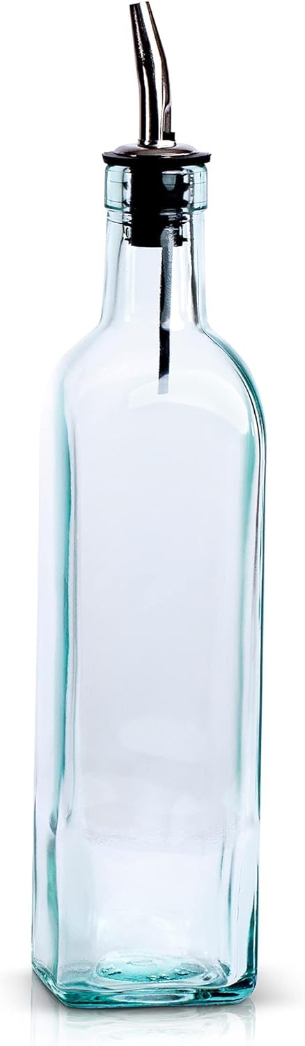 eHomeA2Z Italian Glass Oil And Vinegar Cruet 16 Oz Olive Oil Dispenser With Stainless Steel Spout Slight Green Tint 2 16 oz - Image 1