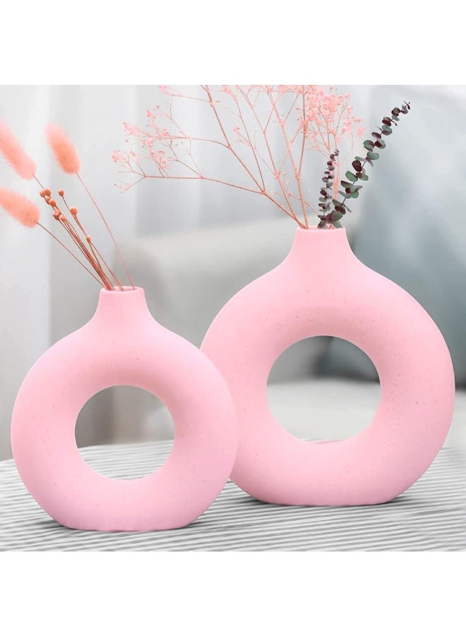Ceramic Shop The Vase Pink Ring Vase | Flower Vase | Pampas Grass Vase | Vase | Round Shaped Vase | Home Decor Centrepiece | Decor Showpiece Donut Vase - (Set Of 2) 8 And 6 Inches 