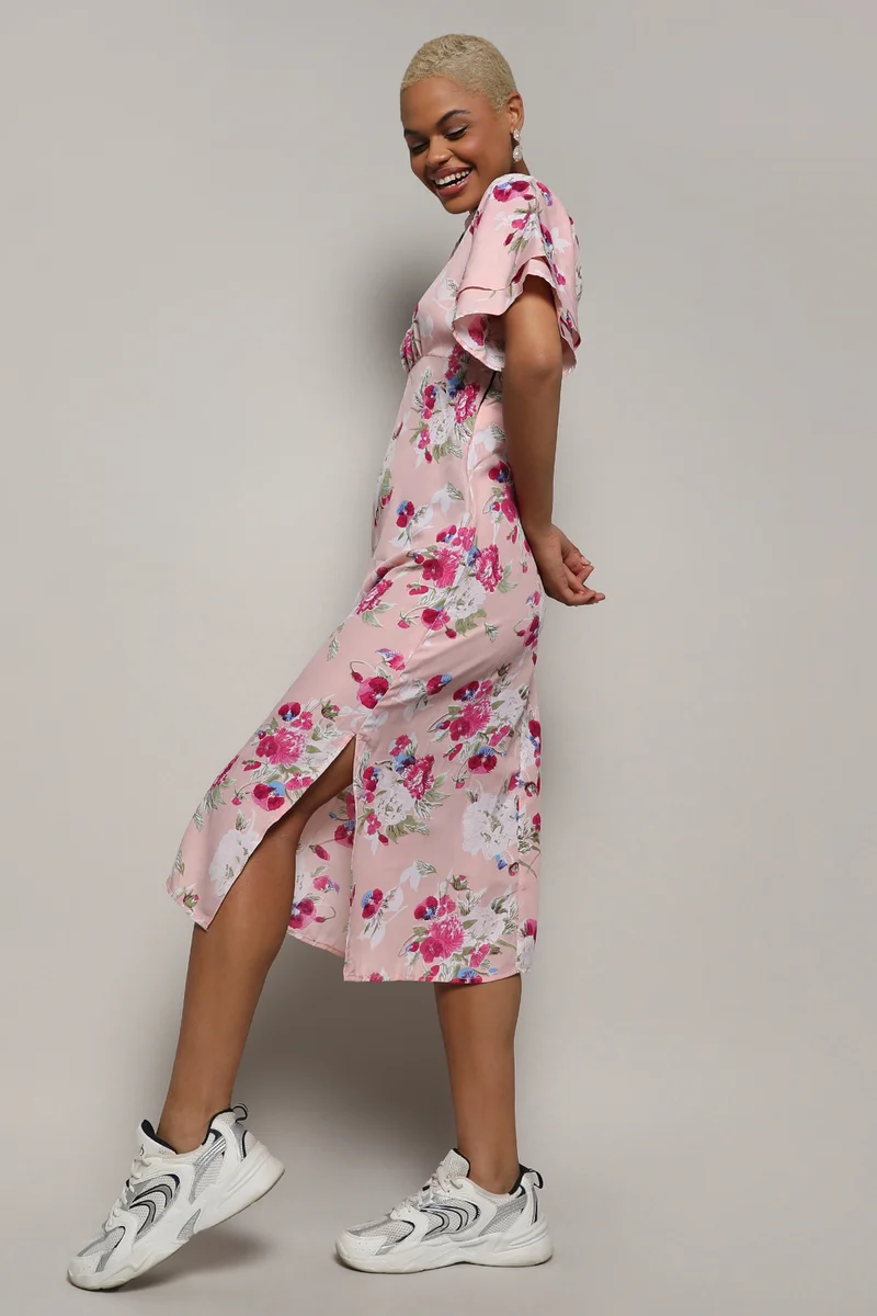 Pinacolada  Women's Baby Pink Flora Dress With Slit for Women | Best Price UAE