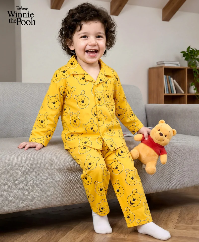 Babyhug Disney Babyhug Disney Single Jersey Knit Full Sleeves Co-ord Night Suit With Winnie The Pooh Print - Yellow