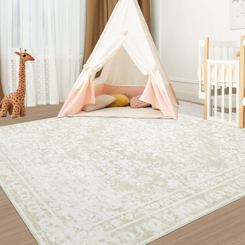 Aoyaomi Vintage Living Room Area Rug - 6x9 Large Machine Washable Boho Area Rug Distressed Floral Rugs for Bedroom, Soft Non-Slip Indoor Floor Accent Rugs for Office Dining Room (Cream Beige, 6'x9') - Image 5