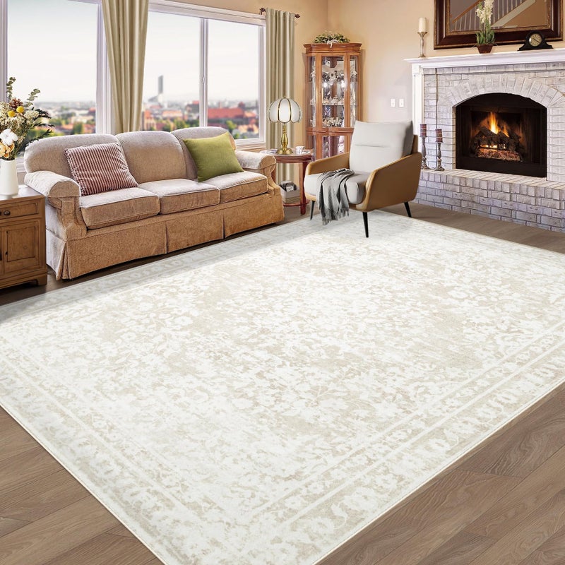 Aoyaomi Vintage Living Room Area Rug - 6x9 Large Machine Washable Boho Area Rug Distressed Floral Rugs for Bedroom, Soft Non-Slip Indoor Floor Accent Rugs for Office Dining Room (Cream Beige, 6'x9') - Image 1