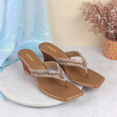 Mochi Women's Antic Gold Faux Leather Embellished Wedge Heel Party Ethnic Sandal UK/6 EU/39 (35-1261) - Image 2