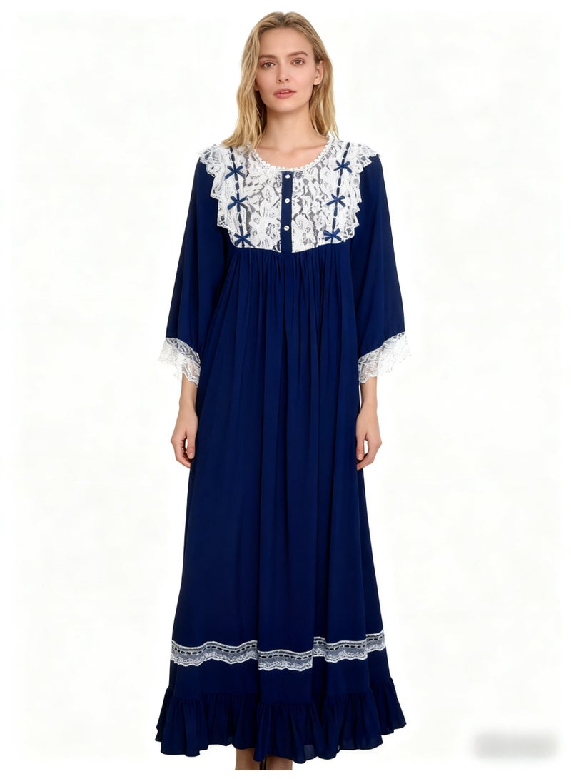 Orchid Palace Princess Style Blue Nightgown for Women Summer Lace Long Knee-Length Sweet Pajamas Home Wear - Image 1