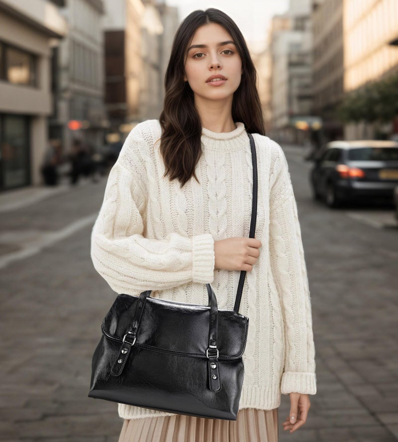 My Friday myfriday Leather Messenger Bag for Women Vintage Briefcase Small Office Bag Crossbody Work Bag Business Satchel Shoulder Bag (Black) - Image 2