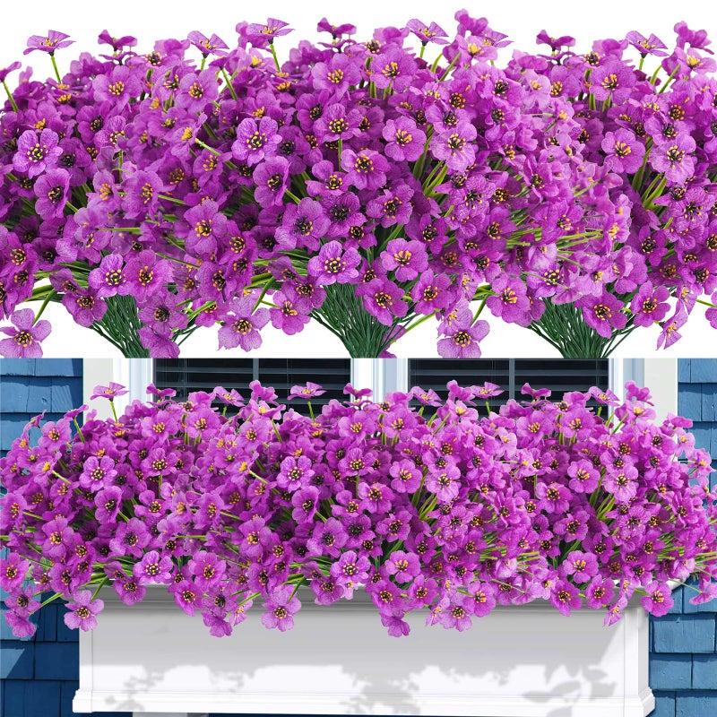 Uieke 16PCS Artificial Flowers for Outdoors UV Resistant Fake Flowers for Outside Indoor Home Porch Window Box Spring Summer Dcor Purple
