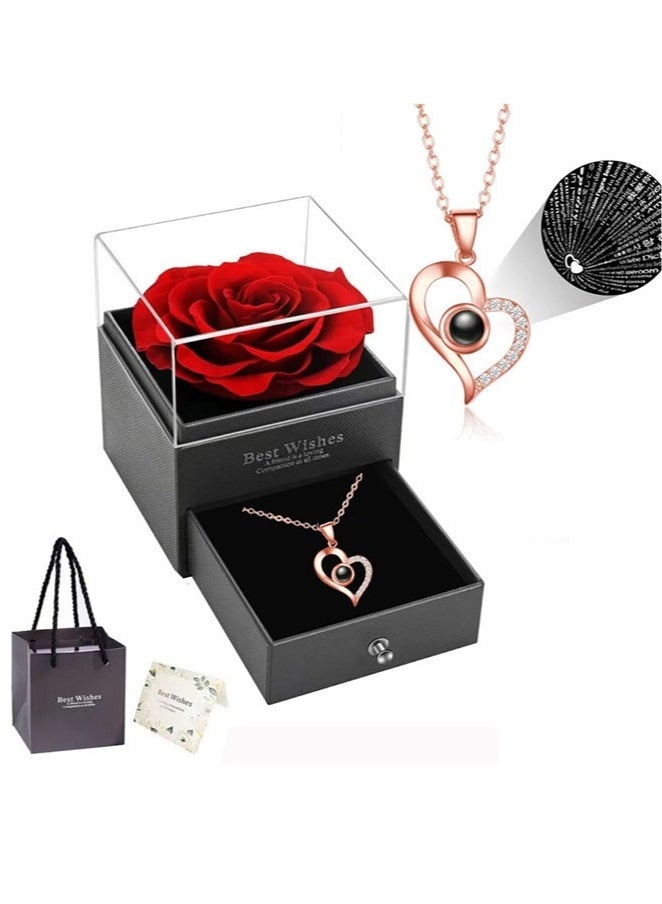 عربست صندوق هدايا زهور محفوظة مع قلادة - وردة حمراء دائمة مع قلادة "أحبك" للأم/الابنة/الصديقة/الزوجة في ذكرى الزواج/الزفاف/عيد الميلاد (أحمر) - Image 1