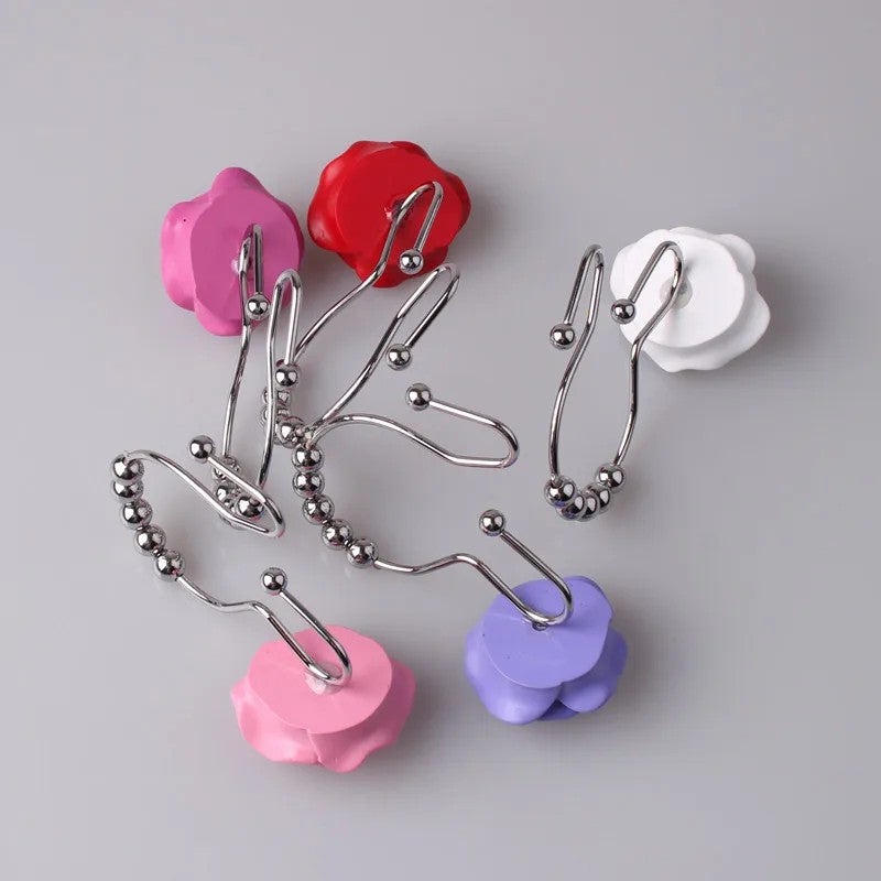 Y&D 12Pcs Rose Shower Curtain Hooks Rings Set, Decorative Resin Flower Bathroom Curtain Rod Clips, Window Shower Clamps Bath Curtain Ring Buckle Accessories - Image 5