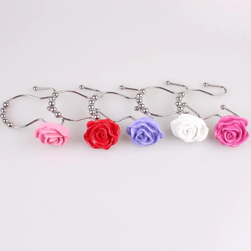 Y&D 12Pcs Rose Shower Curtain Hooks Rings Set, Decorative Resin Flower Bathroom Curtain Rod Clips, Window Shower Clamps Bath Curtain Ring Buckle Accessories - Image 2
