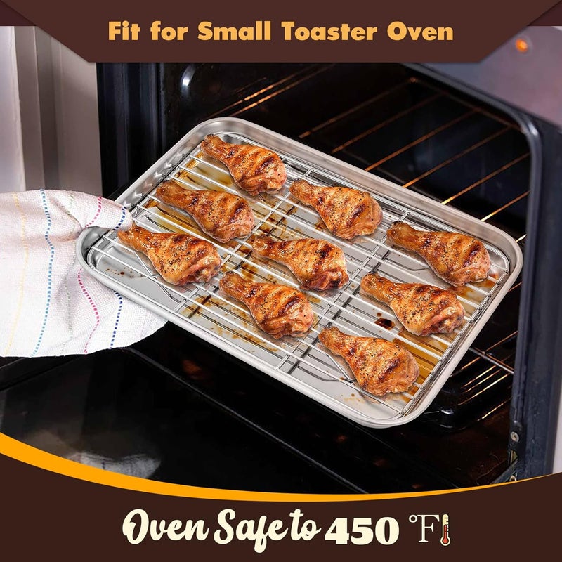 E-far Metal Toaster Oven Tray Set, 10.5”x8.3” Small Stainless Steel Baking Pan with Wire Rack for Cooking Broiling, Rimmed Metal Sheet for Roasting Cooling Cookie Bacon Steak - Image 4