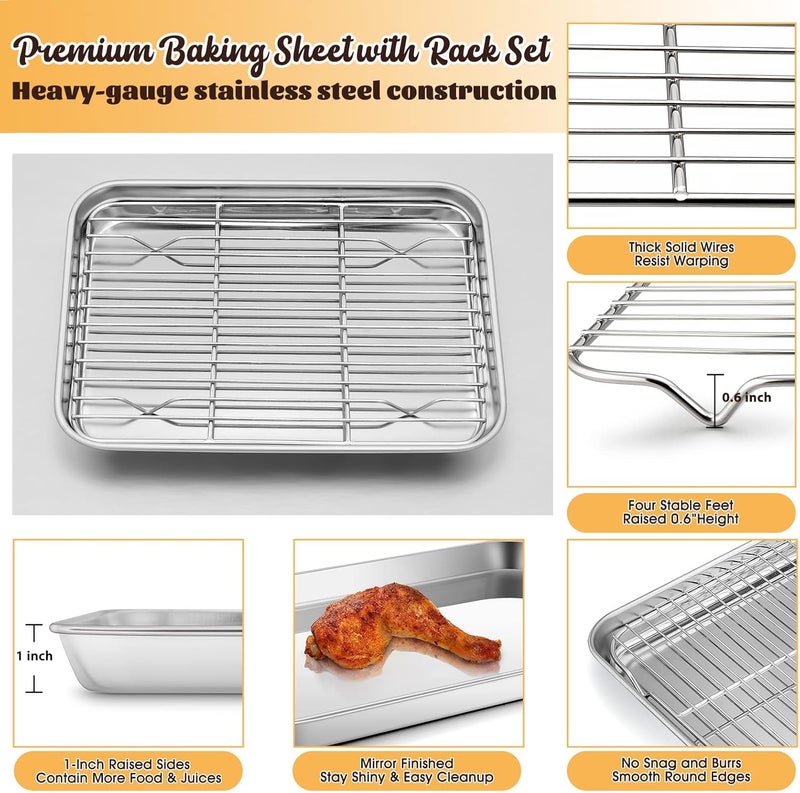 E-far Metal Toaster Oven Tray Set, 10.5”x8.3” Small Stainless Steel Baking Pan with Wire Rack for Cooking Broiling, Rimmed Metal Sheet for Roasting Cooling Cookie Bacon Steak - Image 3