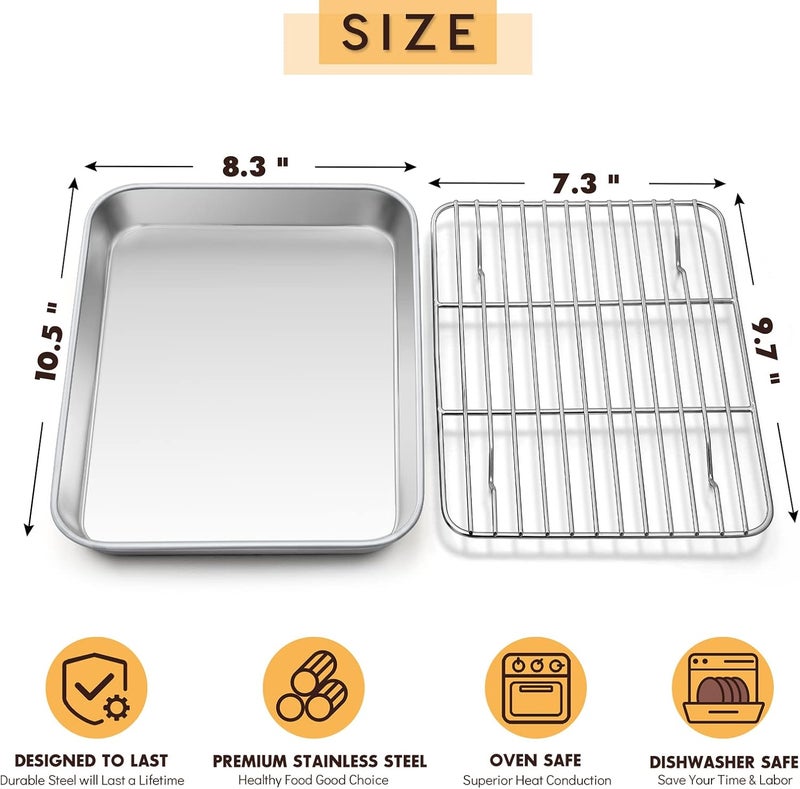 E-far Metal Toaster Oven Tray Set, 10.5”x8.3” Small Stainless Steel Baking Pan with Wire Rack for Cooking Broiling, Rimmed Metal Sheet for Roasting Cooling Cookie Bacon Steak - Image 2