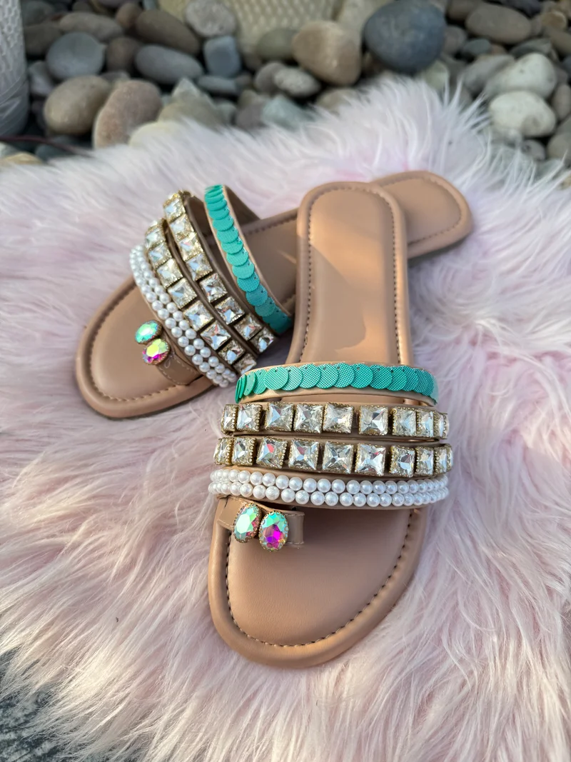 Sandal Stories Beige Pearl & Rhinestone Embellished Flats for Women