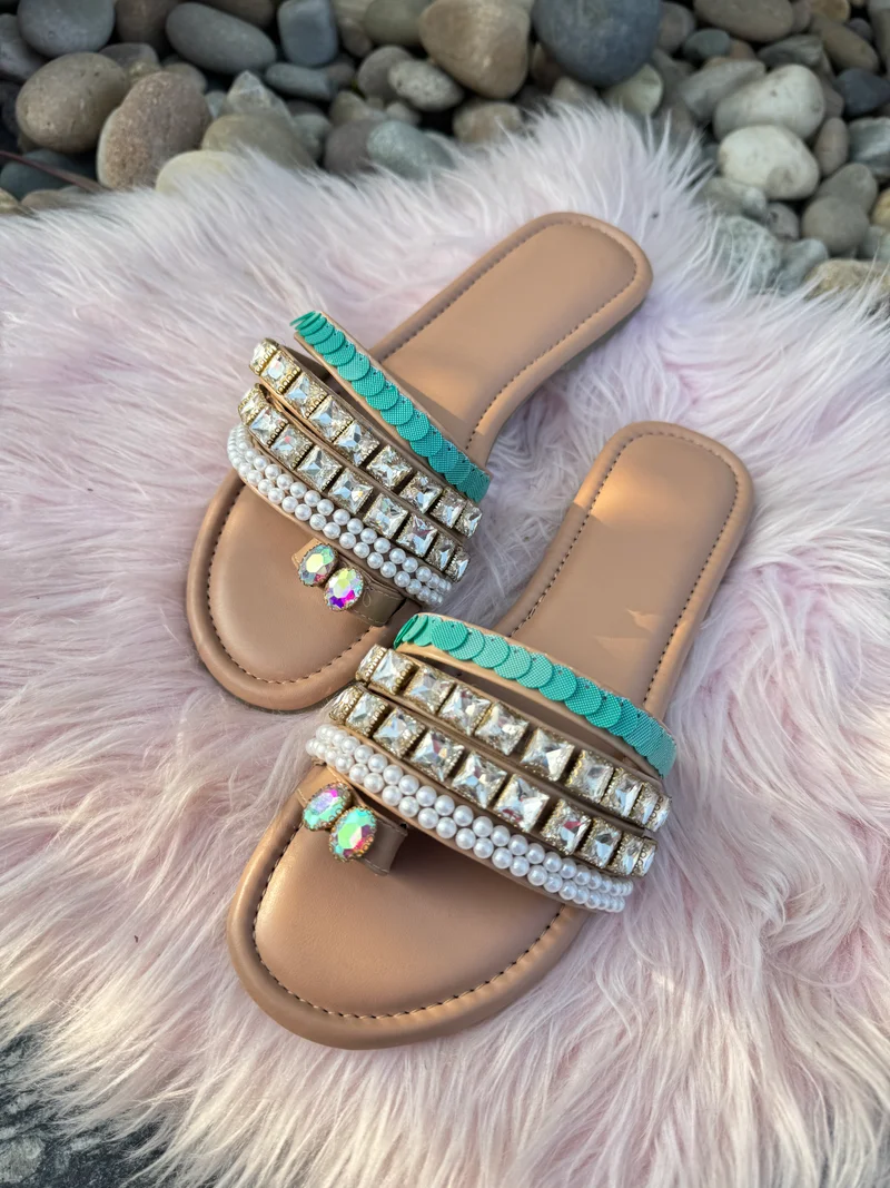 Sandal Stories Beige Pearl & Rhinestone Embellished Flats for Women