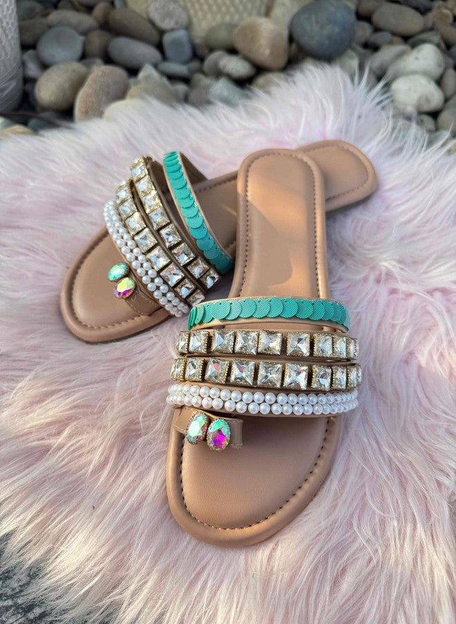 SANDAL STORIES Women Western Embellished One Toe Flats in Beige - Image 2