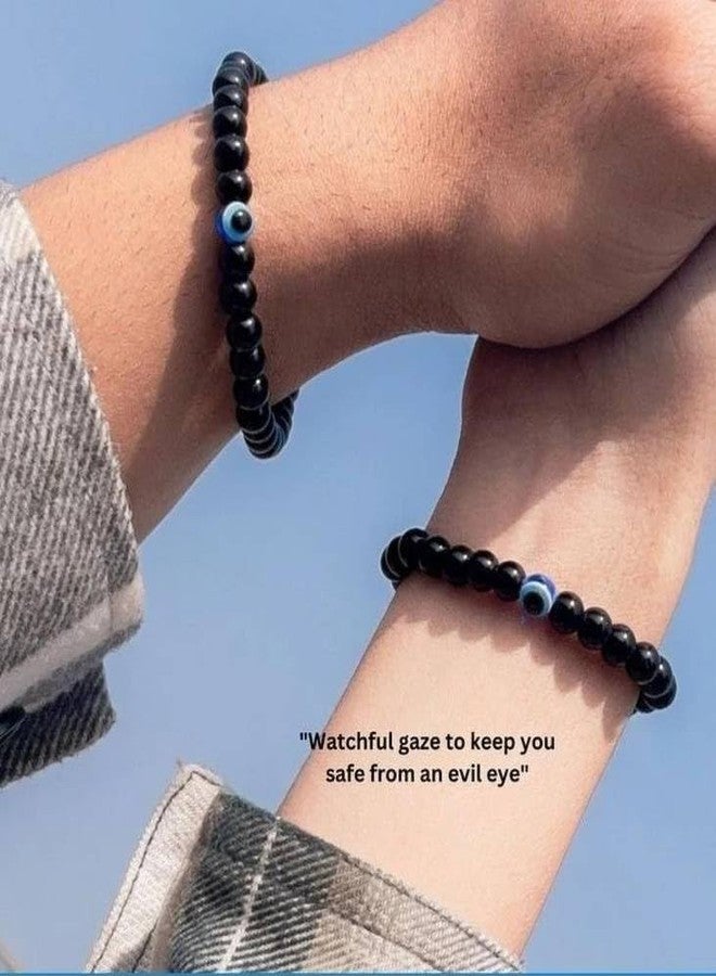 BEAUTIVIA Evil Eye Couple Bracelet Black Nazar Suraksha Kavach Bracelet Elastic Stretchable Men Women Unisex Friendship Band Evil Eye Bracelet (Pack of 2) - Image 2