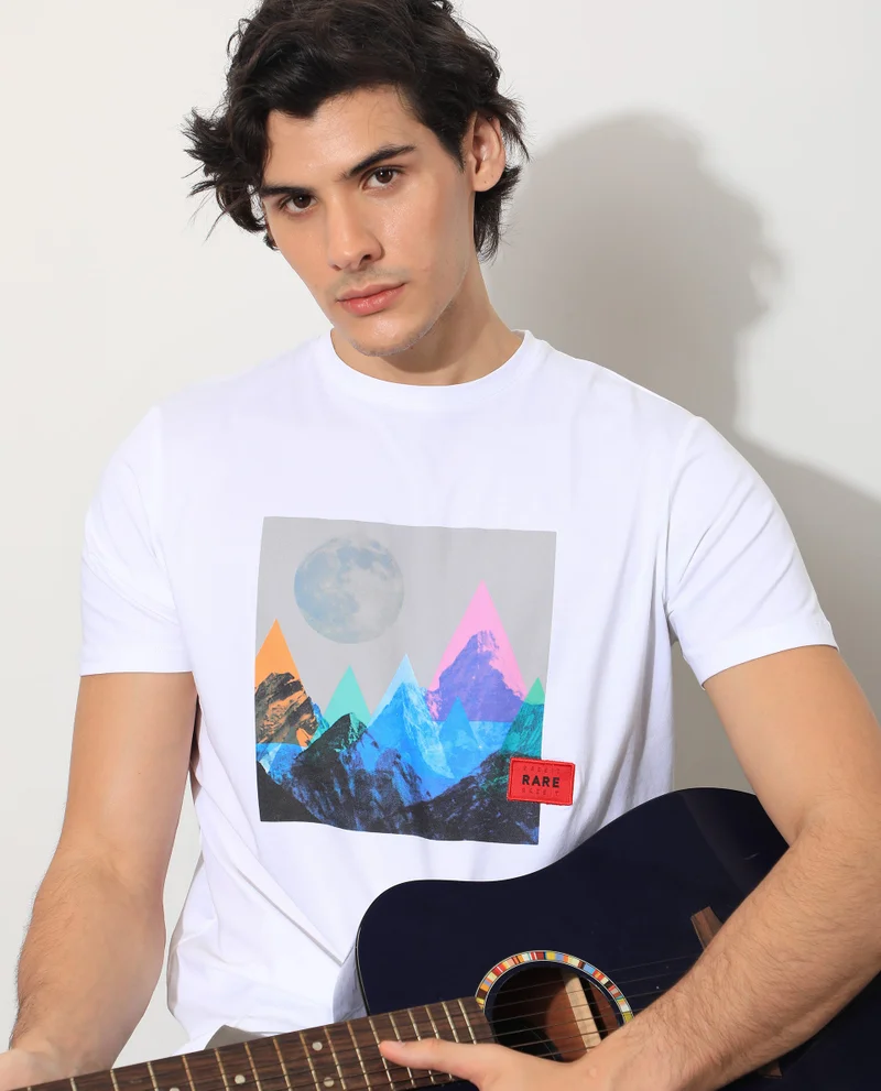 Rare Rabbit Rare Rabbit Men's Oden White Crew Neck Abstract Graphic Printed Half Sleeves Slim Fit T-Shirt