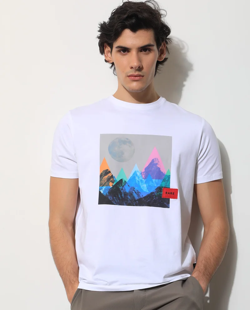 Rare Rabbit Rare Rabbit Men's Oden White Crew Neck Abstract Graphic Printed Half Sleeves Slim Fit T-Shirt