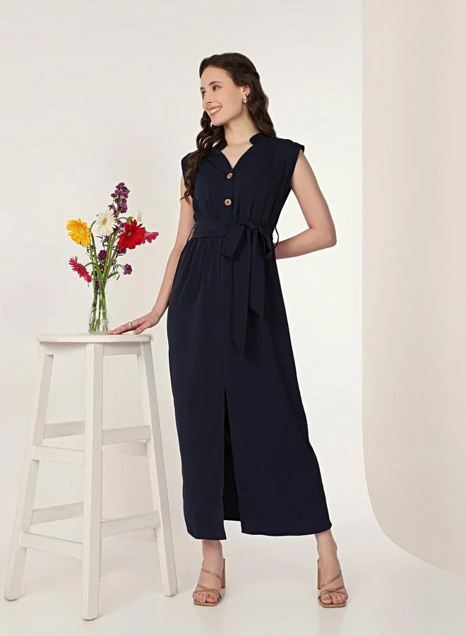 Mish  Navy Blue Sleeveless Midi Dress with Front Slit for Women | Best Price UAE