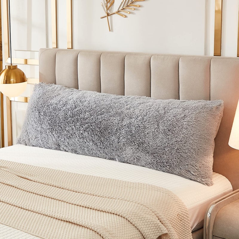 JAUXIO Faux Fur Fluffy Body Pillow Cover Luxury Shaggy Plush Decorative Solid Body Pillowcase Ultra Soft and Cozy Zipper Closure 21 x 54 Inches Light Grey