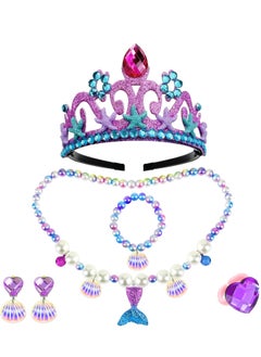Mordely 6 Piece Jewellery for Children Little Girls, Jewellery Set Child Mermaid Kits, Princess Dress Up Accessories Set, Crown Earrings, Necklaces, Bracelets, Rings, for Role Play  - Image 1