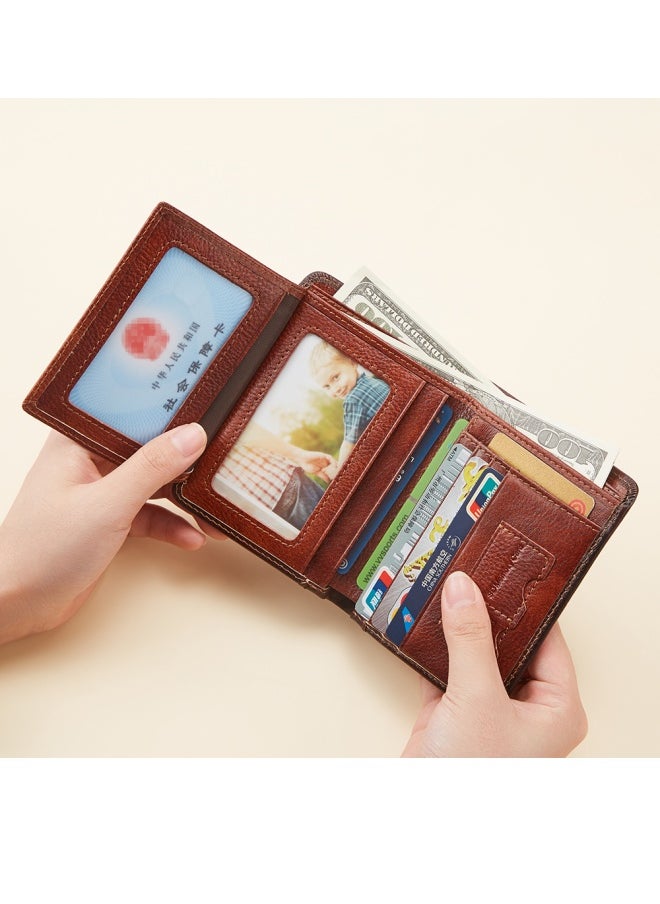 Dante - Men's Wallet First-layer Cowhide Anti-theft Card Swiping RFID Genuine Leather Wallet Retro Brown - Image 1