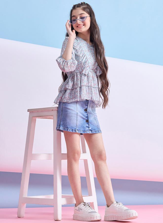 Stylo Bug Girls Blue Floral Print Ruffle Top - Image 2