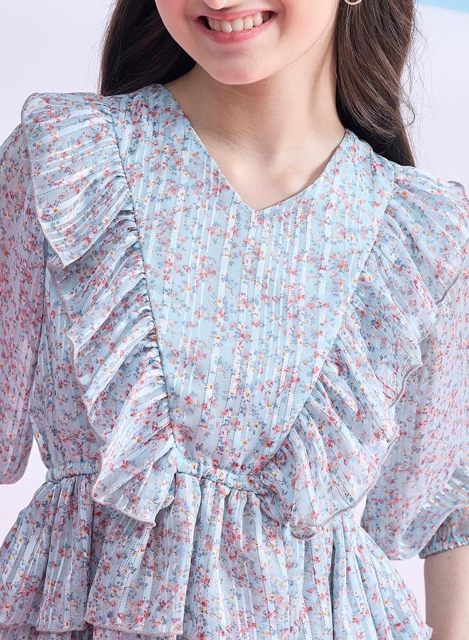 Stylo Bug Girls Blue Floral Print Ruffle Top - Image 4