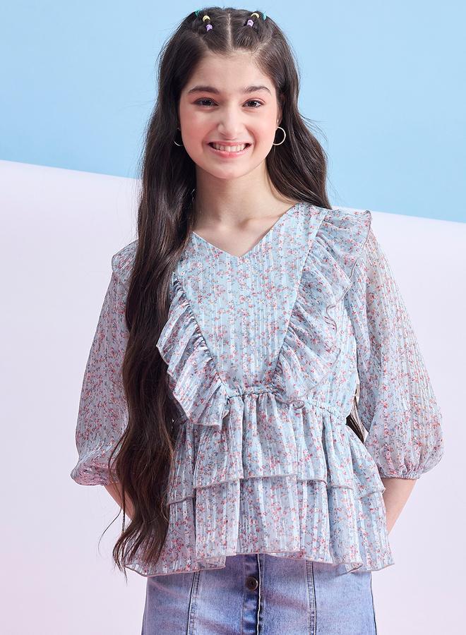 Stylo Bug Girls Blue Floral Print Ruffle Top - Image 1