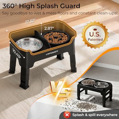 URPOWER Mess Proof Elevated Dog Bowls High Wall Splash Guard Design 4 Height Adjustable Raised Bowl Stand with Stainless Steel Slow Feeder Bowl NonSlip Food Water Set for Small Medium Large Dogs - Image 3