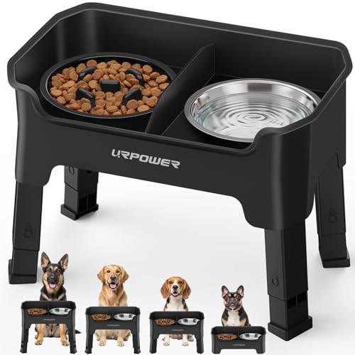 URPOWER Mess Proof Elevated Dog Bowls High Wall Splash Guard Design 4 Height Adjustable Raised Bowl Stand with Stainless Steel Slow Feeder Bowl NonSlip Food Water Set for Small Medium Large Dogs - Image 1