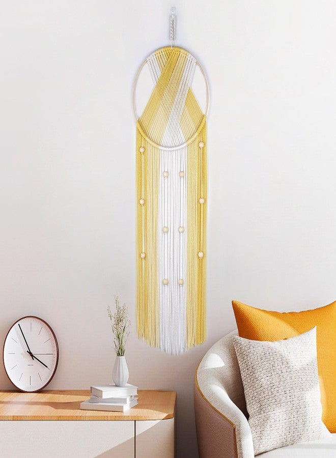 LB Yellow Macrame Wall Hanging - Boho Macrame Wall Decor - Bohemian Tassel Handmade Woven Macrame Tapestry for Bedroom Living Room Bathroom Nursery - 32" L x 10" W - Image 1