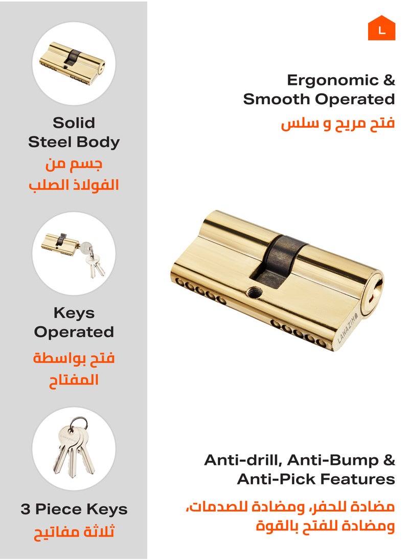 LAWAZIM Door Lock Cylinder with 3-piece Keys - 60mm Gold- Pickproof Corrosion-Resistant Easy install Double Sided Keyed Lock Cylinder Security Upgrade for Garage Doors Lockers Desks Cabinets Closets  - Image 3